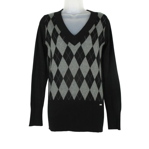 Guess Argyle Sweater V-Neck Black Gray Preppy Office Knit Size L $89 Y2K - Picture 1 of 8